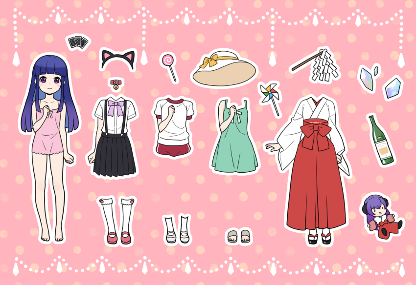 1girl animal_ears bare_arms bare_legs bare_shoulders barefoot bell black_skirt blue_hair blunt_bangs blunt_ends bottle bow buruma camisole candy card cat_ears character_doll collar dress dress-up fake_animal_ears food furude_rika gohei gym_shirt gym_uniform hair_over_shoulder hakama hanyuu hat higurashi_no_naku_koro_ni hime_cut ito_fumi japanese_clothes jingle_bell kakera kneehighs lollipop long_hair long_sleeves looking_at_viewer mary_janes miko pink_background pink_bow pink_camisole playing_card pleated_skirt purple_eyes red_buruma red_footwear red_hakama ribbon sandals school_uniform shide shirt shoes short_sleeves skirt smile socks solo standing summer_uniform sun_hat sundress suspender_skirt suspenders tabi uwabaki white_footwear white_shirt white_socks wide_sleeves wine_bottle