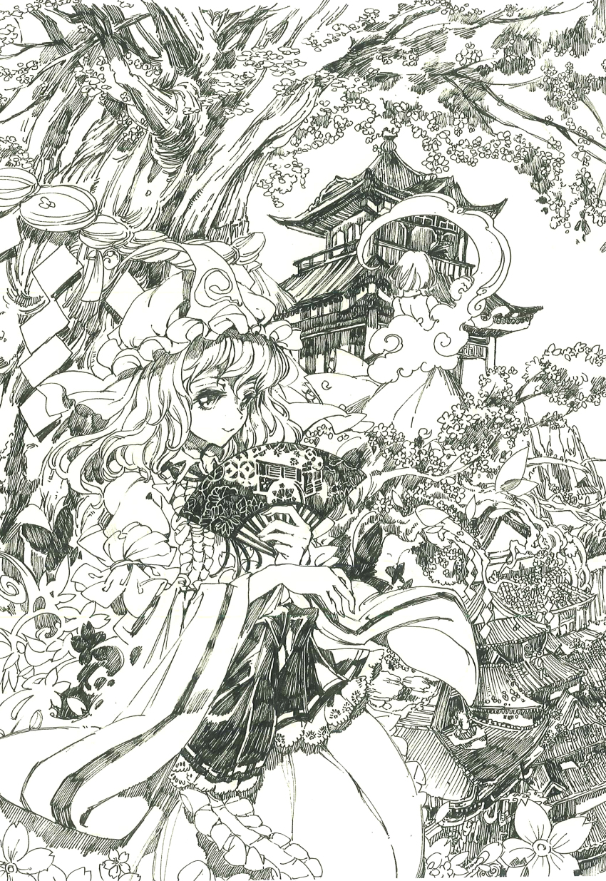2girls absurdres architecture east_asian_architecture from_behind hakugyokurou hand_fan hat highres hitodama holding holding_fan japanese_clothes kimono konpaku_youmu konpaku_youmu_(ghost) lan_chuan_huo_dao long_sleeves medium_hair mob_cap monochrome multiple_girls non-web_source saigyou_ayakashi saigyouji_yuyuko sitting smile touhou traditional_media wide_sleeves