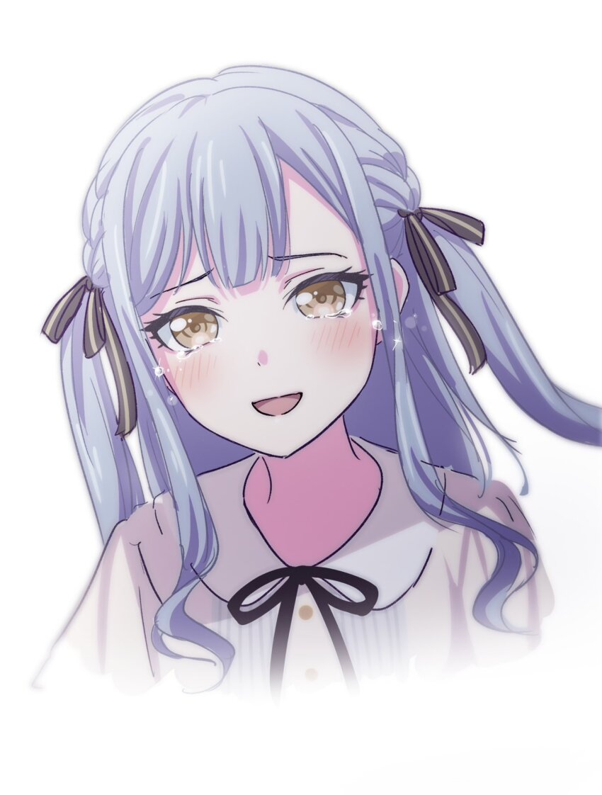 1girl :d anime_coloring bang_dream! bang_dream!_it&#039;s_mygo!!!!! black_ribbon blush border cropped_shoulders curly_sidelocks fading_border frown hair_ribbon happy_tears hashtag-only_commentary highres long_sidelocks looking_at_viewer neck_ribbon official_style open_mouth peter_pan_collar ribbon sidelocks simple_background smile solo sukenine tears togawa_sakiko two_side_up white_background yellow_eyes