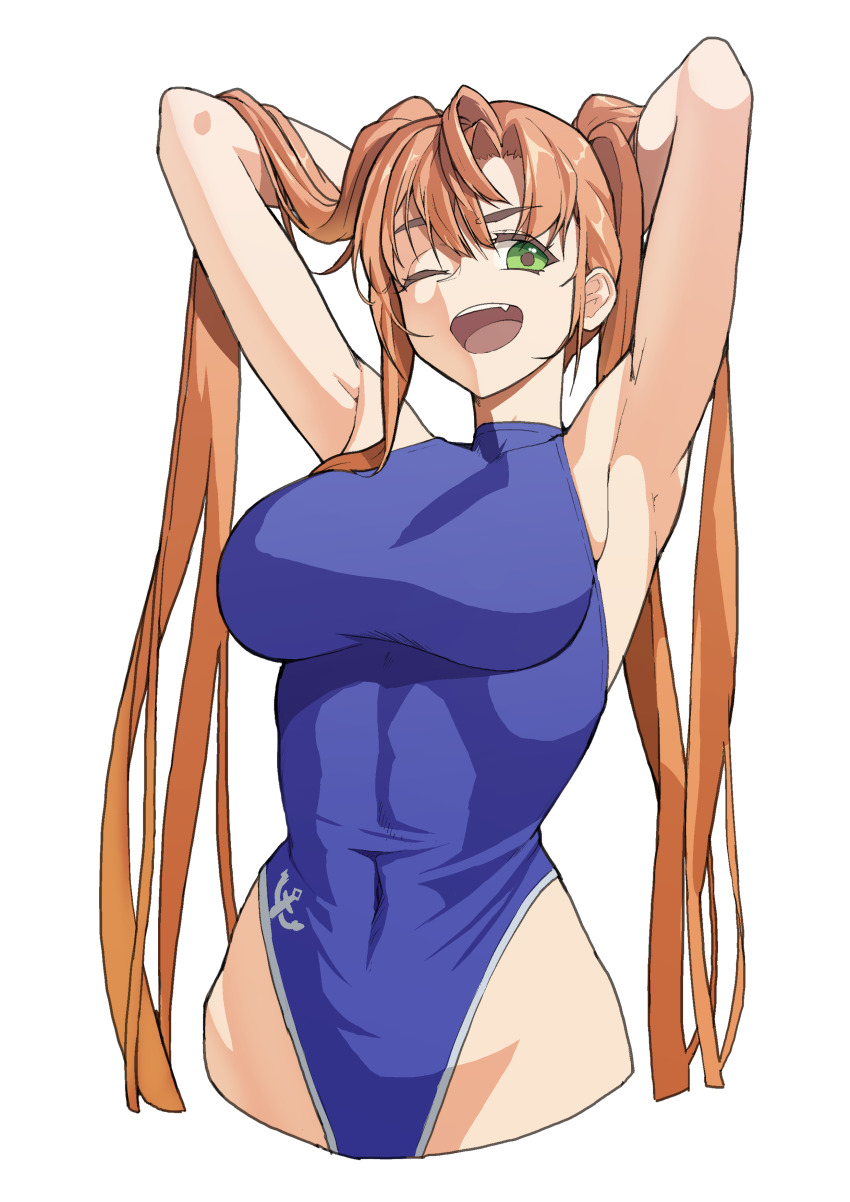 1girl absurdres anchor_symbol armpits arms_behind_head arms_up bad_id bad_pixiv_id brown_hair character_request collarbone covered_collarbone covered_erect_nipples fang green_eyes highres last_origin long_hair nereid_(last_origin) one_eye_closed open_mouth scemonkey simple_background skindentation smile solo teeth tongue turtleneck twintails upper_teeth_only white_background