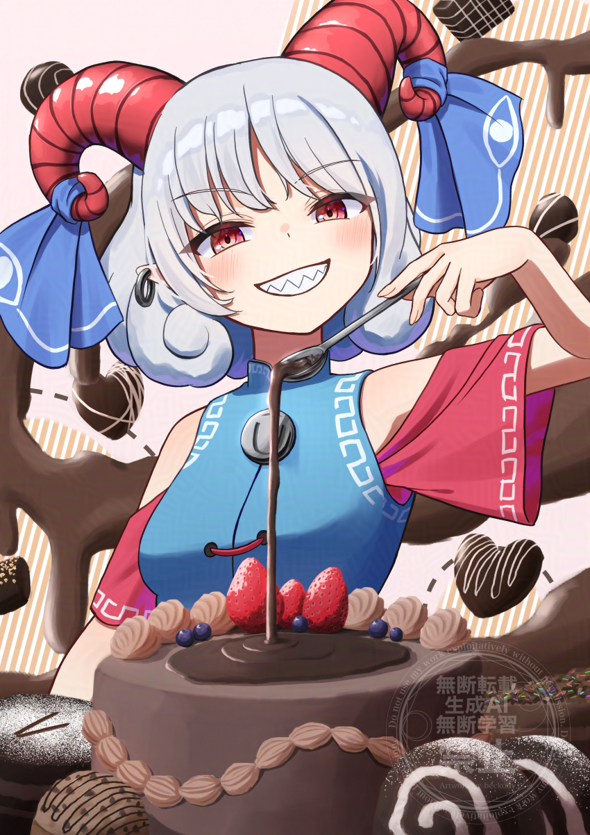 1girl absurdres beckody blue_dress blush cake chocolate chocolate_cake commentary_request curly_hair detached_sleeves dress earrings food fruit grin highres holding holding_spoon horn_ornament horn_ribbon horns jewelry looking_at_viewer patterned_clothing pointy_ears red_eyes red_horns red_sleeves ribbon sharp_teeth sheep_horns short_hair smile solo spoon strawberry teeth touhou toutetsu_yuuma watermark