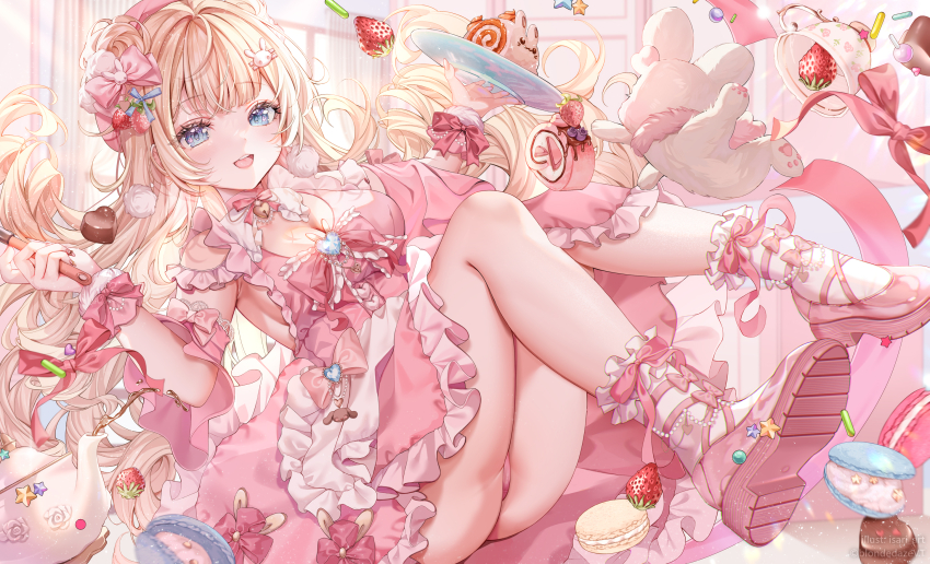 1girl ahoge artist_name ballet_slippers bare_legs blonde_hair blondedaze blue_eyes blush bow breasts cup feet_up flower food fruit hair_ornament highres holding indie_virtual_youtuber isari_sensei large_breasts long_hair open_mouth panties panty_peek pink_bow rose solo star_(symbol) strawberry stuffed_animal stuffed_toy teacup teeth underwear upper_teeth_only virtual_youtuber