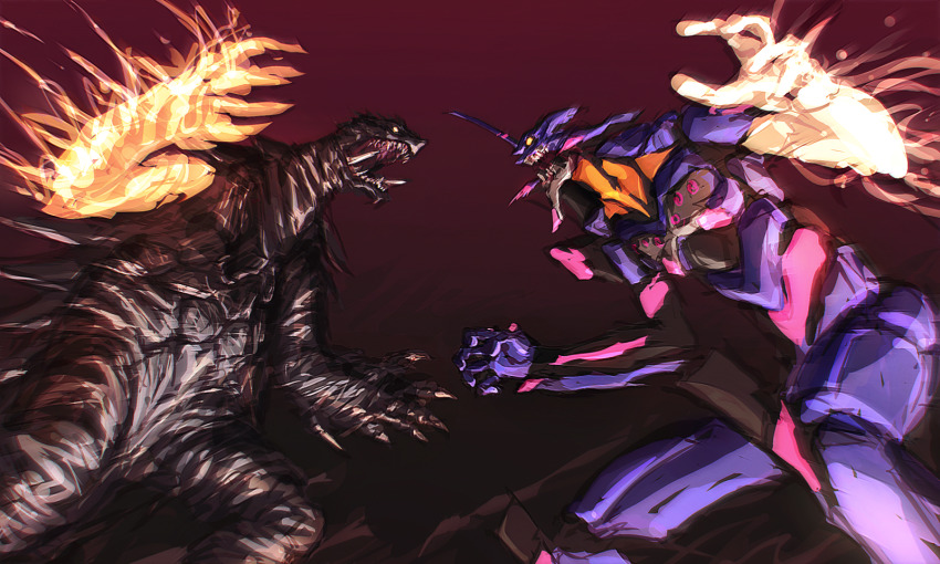 banishing_fist banishing_sword black_background byneet claws crossover cyborg daiei_film elbow_spikes energy energy_fist eva_01 gainax gamera gamera_(series) gamera_3:_revenge_of_iris giant giant_monster giant_robot glowing glowing_eyes glowing_hand highres kaiju khara_(animation_studio) mana_(mythology) mecha monster neon_genesis_evangelion no_humans no_pupils open_mouth plasma prosthesis prosthetic_arm purple_background rebuild_of_evangelion roaring robot sea_monster sharp_teeth simple_background teeth turtle tusks two-tone_background yellow_eyes