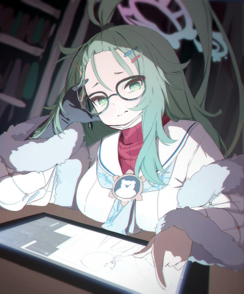 1girl ahoge bangs_pinned_back black-framed_eyewear black_gloves blue_archive blue_neckerchief bookshelf breasts closed_mouth fur-trimmed_sleeves fur_trim glasses gloves green_eyes green_hair hair_ornament hairclip halo highres huge_ahoge indoors long_hair long_sleeves medium_breasts meru_(blue_archive) neckerchief print_neckerchief purple_halo red_sweater ribbed_sweater sailor_collar single_glove soeyumi solo sweater tablet_pc upper_body white_sailor_collar wide_sleeves