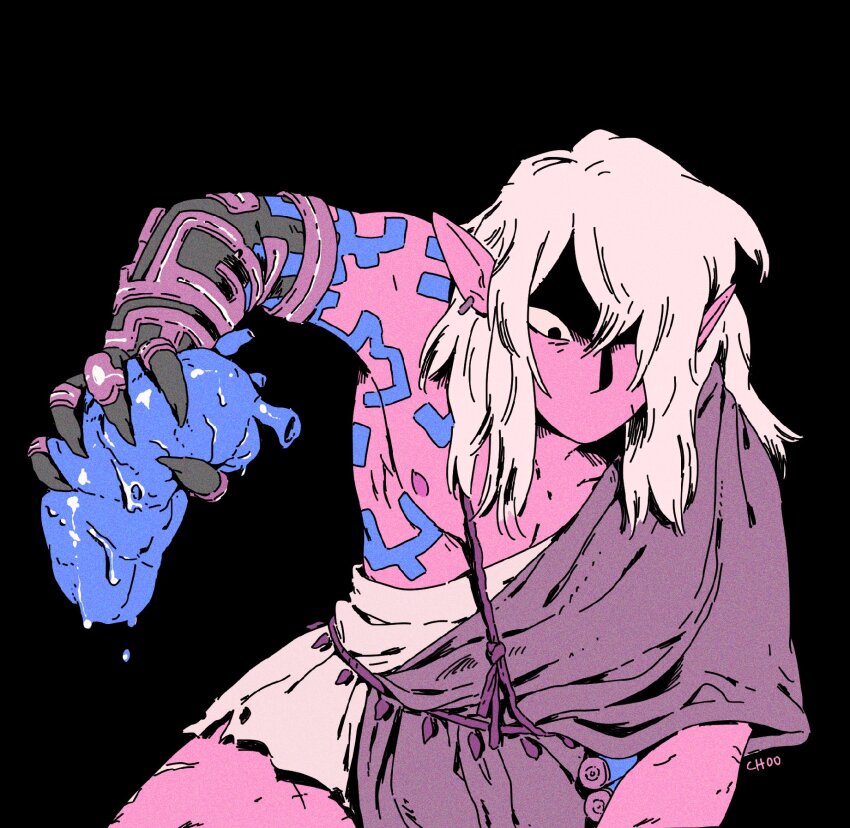 1boy angry arm_up black_background blonde_hair body_markings choo claws commentary heart_(organ) highres holding link looking_down male_focus medium_hair nintendo nipples no_mouth one_eye_covered partially_shaded_face pectorals pointy_ears prosthesis prosthetic_arm robe simple_background single_bare_shoulder solo symbol-only_commentary the_legend_of_zelda the_legend_of_zelda:_tears_of_the_kingdom
