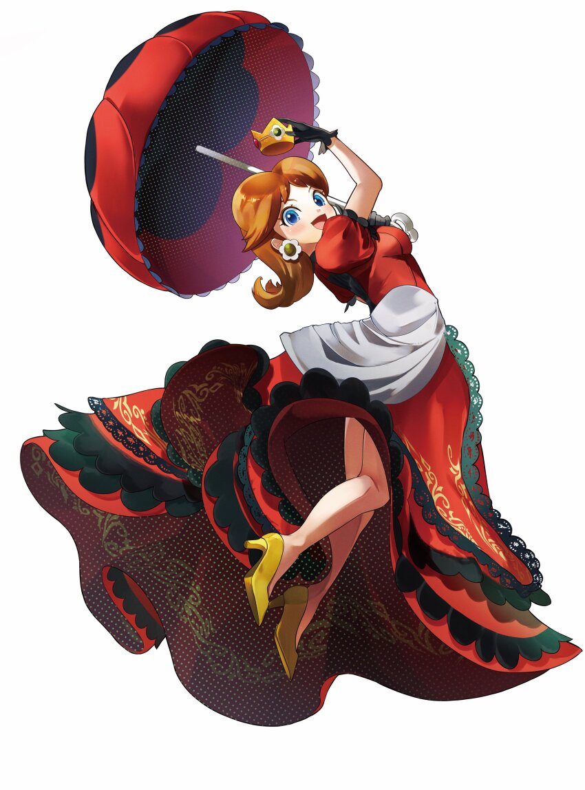 1girl absurdres black_gloves blue_eyes brooch brown_hair crown dress earrings flipped_hair flower_brooch flower_earrings gloves high_heels highres holding holding_umbrella jewelry long_hair mario_(series) nintendo open_mouth parasol parted_bangs ponfu_y princess_daisy puffy_short_sleeves puffy_sleeves red_dress shoes short_sleeves simple_background smile super_smash_bros. umbrella white_background yellow_shoes