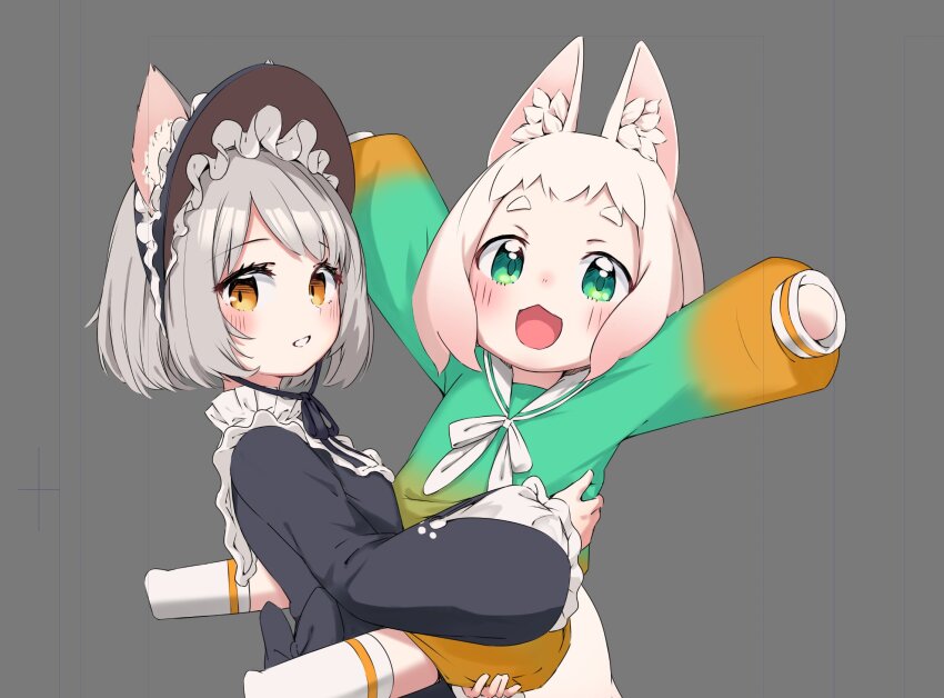2girls :3 :d animal_ear_fluff animal_ears arms_up black_dress black_ribbon blush bonnet bow carrying carrying_person cat_ears cat_girl child dress fang frills from_side gradient_hair green_eyes green_shirt grey_background grey_hair grin happy highres hop_step_jan kneehighs kon_(vrchat) lolita_fashion long_sleeves looking_at_viewer multicolored_hair multiple_girls neck_ribbon open_mouth orange_eyes outstretched_arms parted_lips pink_hair puffy_long_sleeves puffy_sleeves ribbon sailor_collar shirt short_eyebrows short_hair shorts simple_background sleeves_past_wrists smile socks tail thick_eyebrows undone_kittens upper_body vrchat white_hair white_sailor_collar white_socks yellow_shorts