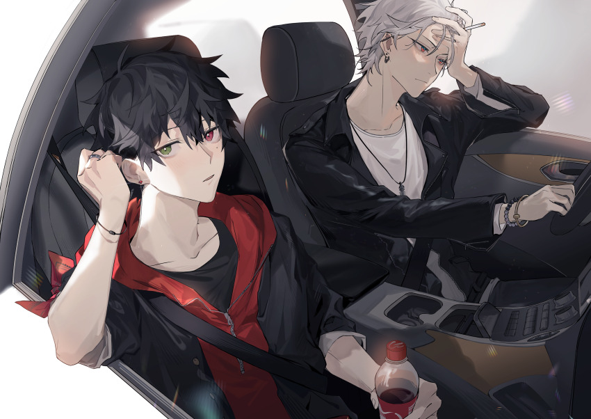 2boys absurdres aohitsugi_samatoki black_hair black_jacket black_shirt bottle bracelet car car_interior cigarette collarbone cup driving earrings green_eyes grey_hair hair_between_eyes hand_on_own_head hand_up heterochromia highres holding holding_bottle holding_cigarette hood hoodie hypnosis_mic jacket jewelry long_sleeves looking_at_viewer looking_to_the_side male_focus mole mole_under_eye motor_vehicle multiple_boys necklace official_alternate_costume parted_lips red_eyes red_hoodie ring seatbelt shirt short_hair shuiyiyaogong sitting soda_bottle steering_wheel watch white_hair white_shirt wristwatch yamada_ichiro yaoi zipper