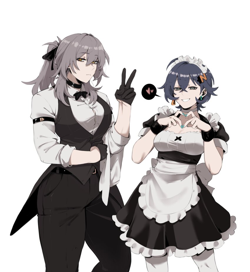 2girls absurdres apron belle_(zenless_zone_zero) black_gloves blue_hair butler coattails company_connection female_butler formal_clothes gloves grey_hair heart heart_hands highres honkai:_star_rail honkai_(series) long_hair maid maid_apron maid_headdress masoq mihoyo multiple_girls pant_suit pants short_hair stelle_(honkai:_star_rail) suit towel towel_on_arm trailblazer_(honkai:_star_rail) tuxedo_shirt v white_background zenless_zone_zero