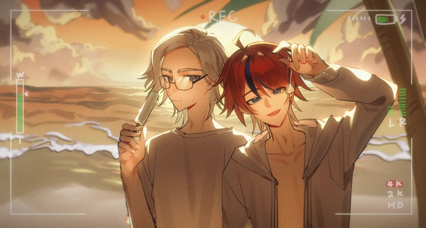 2boys ahoge alternate_costume aotsuki_eito battery_indicator beach black_hair blue_eyes chinese_commentary closed_mouth cloud collarbone commentary_request drawstring film_grain food glasses glint grey_hair grey_jacket grey_shirt highres holding holding_bracelet holding_food holding_popsicle hood hood_down hooded_jacket jacket long_sleeves male_focus multicolored_hair multiple_boys ocean open_clothes open_jacket open_mouth outdoors palm_tree popsicle recording rectangular_eyewear red_hair shell_bracelet shirt short_hair smile streaked_hair sumino_takumi sun sunset the_hundred_line_-last_defense_academy- tree two-tone_hair variant_set yang_zhe_qi