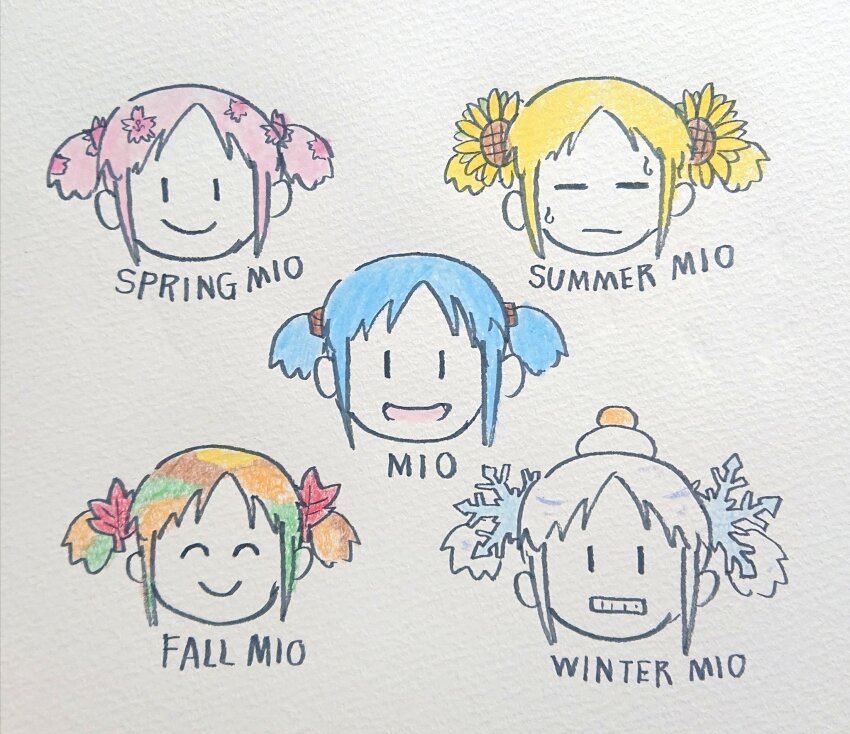 1girl ^_^ alpakaland alternate_hairstyle autumn_leaves blonde_hair cherry_blossoms clenched_teeth closed_eyes commentary cube_hair_ornament english_commentary english_text flower gradient_hair hair_flower hair_ornament highres leaf looking_at_viewer multicolored_hair multiple_views naganohara_mio nichijou open_mouth pink_hair seasons short_twintails sidelocks smile snowflake_hair_ornament sunflower teeth traditional_media twintails white_hair |_|