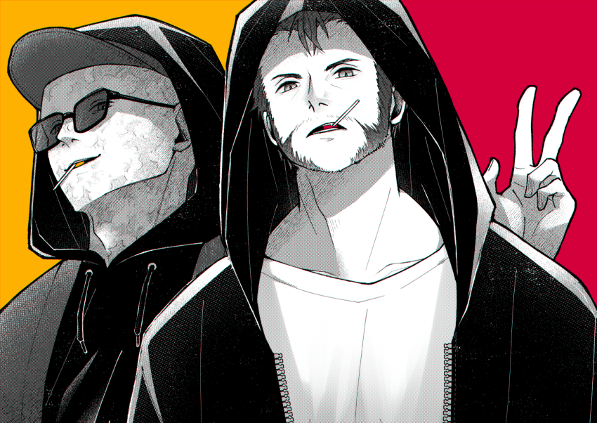 2boys animification baseball_cap beard candy commentary_request deadpool doghooouse facial_hair food hat hood hood_up hoodie lollipop long_sleeves looking_at_viewer male_focus marvel monochrome mouth_hold multiple_boys red_background scar scars_all_over shirt short_hair sunglasses teeth too_many v wolverine_(x-men) x-men yellow_background zipper