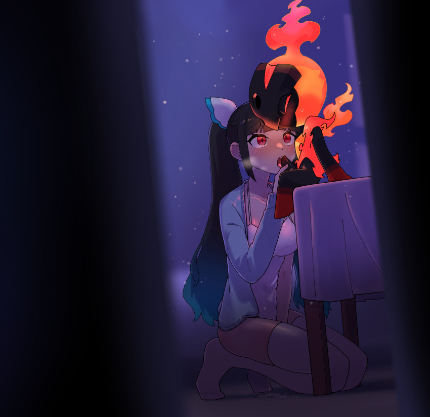 1boy 1girl ababaa absurdres bedroom between_legs black_hair black_helmet blue_cardigan blurry blurry_background blurry_foreground blush borrowed_character bottomless camisole cardigan charcadet closed_eyes commentary crack_of_light cum cumdrip dappled_moonlight english_commentary facing_another fellatio female_masturbation fire hairband hand_between_legs hands_on_table helmet highres indoors kneeling light_particles long_hair looking_at_another masturbation moonlight night nintendo on_table open_cardigan open_clothes open_mouth oral original penis pokemon pokemon_(creature) pokephilia ponytail red_eyes sitting table tablecloth thighhighs white_camisole white_hairband white_thighhighs