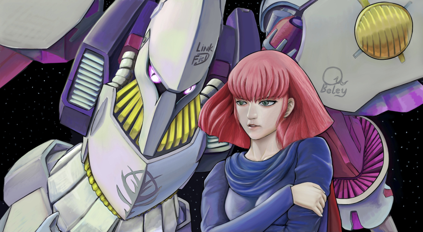 1girl blue_eyes breasts character_name crossed_arms emblem gundam haman_karn highres looking_to_the_side lynx_lyn_58 machinery mecha mobile_suit neo_zeon pink_hair purple_eyes qubeley realistic robot roundel science_fiction space star_(symbol) star_symbol_background upper_body when_you_see_it zeta_gundam