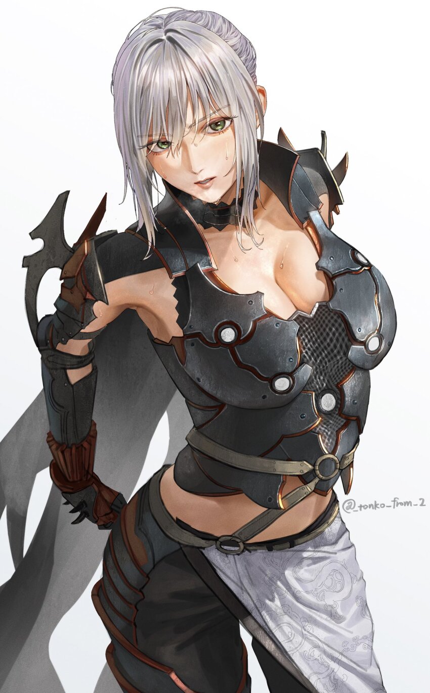 1girl aranea_highwind armor armpits belt black_choker breasts cape chainmail choker cleavage commentary_request final_fantasy final_fantasy_xv from_above green_eyes grey_hair highres large_breasts midriff o-ring o-ring_belt parted_lips sidelocks solo standing sweat tonko_from twitter_username white_background
