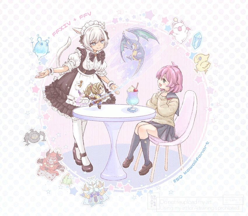 animal_ears apron cat_ears cat_tail chair chocobo contemporary crystal dragon enkidu_(ff14) exdeath final_fantasy final_fantasy_v final_fantasy_xiv food gilgamesh_(final_fantasy) highres hiryuu_(ff5) ice_cream in-franchise_crossover krile_baldesion_(ff14) lenna_charlotte_tycoon maid maid_apron maid_cafe maid_headdress mcarkp_ff miqo&#039;te moogle omega_(final_fantasy) on_chair pink_hair school_uniform sundae table tail thighhighs y&#039;shtola_rhul