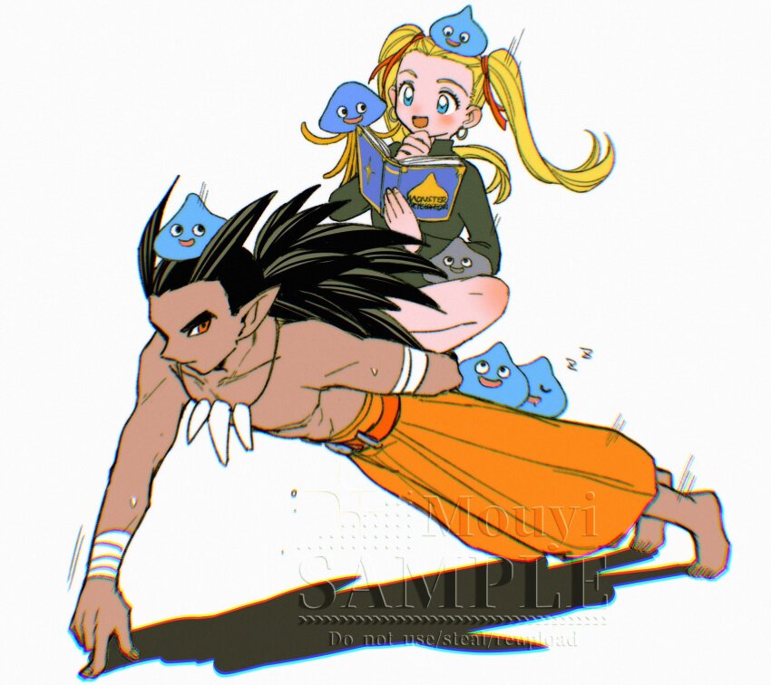 1boy 1girl arm_behind_back artist_name baggy_pants bandaged_arm bandaged_wrist bandages barefoot black_hair black_shirt blonde_hair blue_eyes book dragon_quest dragon_quest_builders_2 earrings female_builder_(dqb2) finger_push-ups full_body hair_ribbon hair_slicked_back hand_on_own_chin highres holding holding_book hoop_earrings indian_style jewelry long_hair long_sleeves low_ponytail mouyi necklace open_mouth orange_pants pants poi ponytail reading red_eyes red_ribbon ribbon sample_watermark shirt sidoh_(dqb2) sitting sitting_on_person slime_(creature) smile sweat tan tooth_necklace topless_male turtleneck twintails watermark white_background zzz