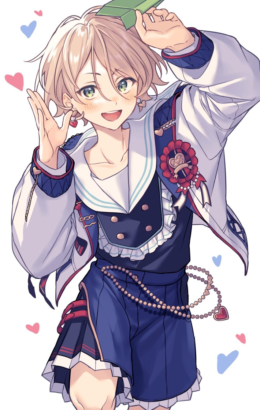 1boy :d arm_up wallet_chain bib_collar bishounen black_shirt blonde_hair blue_shorts collar cowboy_shot earrings ensemble_stars! floating_earrings frilled_collar frills green_eyes hair_between_eyes hand_up happy heart heart_earrings highres holding holding_paper_airplane jacket jewelry knee_up lapel_pin layered_shorts light_blush light_smile looking_at_viewer lq_saku male_focus official_alternate_costume open_clothes open_hand open_jacket open_mouth paper_airplane pleated_shorts sailor_collar shiratori_aira_(ensemble_stars!) shirt short_hair shorts simple_background smile solo teeth turning_head upper_teeth_only white_background white_jacket