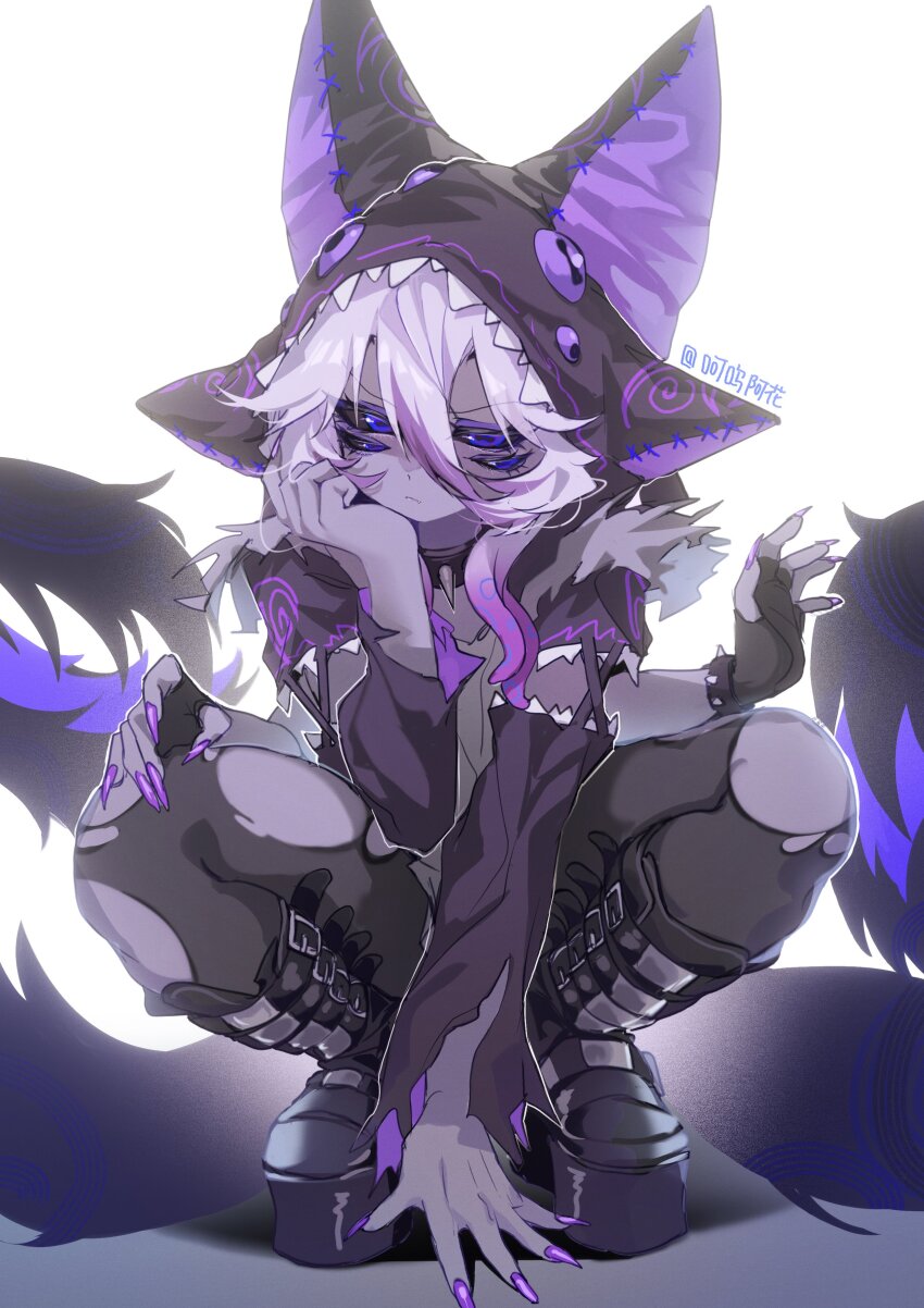 absurdres black_gloves boots collar extra_arms four_eyes gloves hat highres monster_girl original peanut_huasheng purple_nails ribbed_socks socks squatting tail