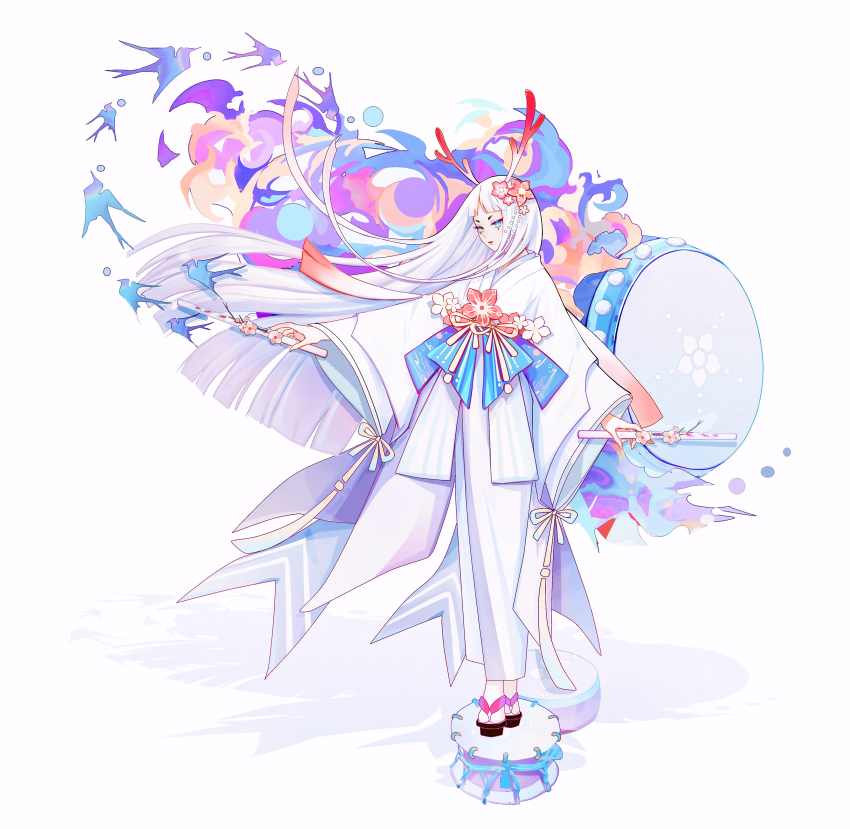 1girl absurdres antlers blunt_bangs drum flower full_body gradient_horns hair_flower hair_ornament highres holding horns instrument japanese_clothes kimono long_hair long_sleeves multicolored_horns original pink_flower red_horns shadow shan_gui_yu_yao simple_background solo standing tsuzumi very_long_hair white_background white_hair white_horns white_kimono wide_sleeves