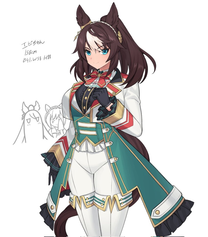 3girls animal_ears aqua_eyes black_gloves black_hair bodysuit bow bowtie braid brown_hair cesario_(umamusume) coat commentary corrupted_twitter_file crown_braid doodle_inset ear_ornament earrings epiphaneia_(racehorse) frilled_coat frills fukuro_(maruaru00) genderswap genderswap_(mtf) gloves hair_between_eyes half_updo handkerchief highres holding holding_handkerchief horse_ears horse_girl jewelry laurel_ornament long_hair medium_hair multiple_girls open_clothes open_coat original personification red_bow red_bowtie short_hair simple_background single_braid single_earring split_ponytail symboli_kris_s_(umamusume) tearing_up thighhighs three_sizes umamusume white_background white_bodysuit white_hair white_thighhighs