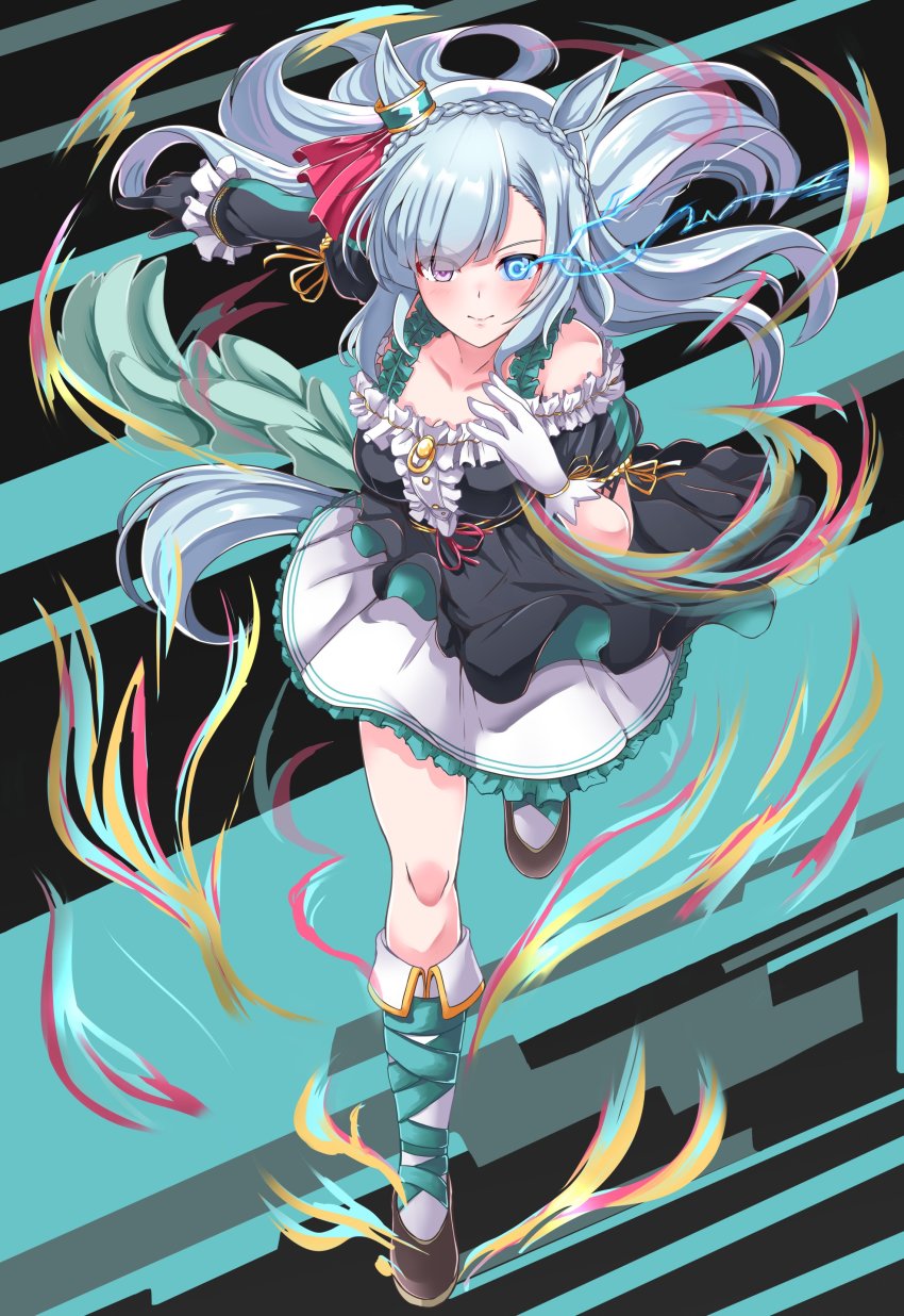 absurdres animal_ears blue_hair boots breasts collarbone commentary_request full_body glowing glowing_eye highres horse_ears horse_girl horse_tail kentan_(kingtaiki) leg_up looking_at_viewer medium_breasts mejiro_ardan_(umamusume) running simple_background smile solo striped_background tail umamusume