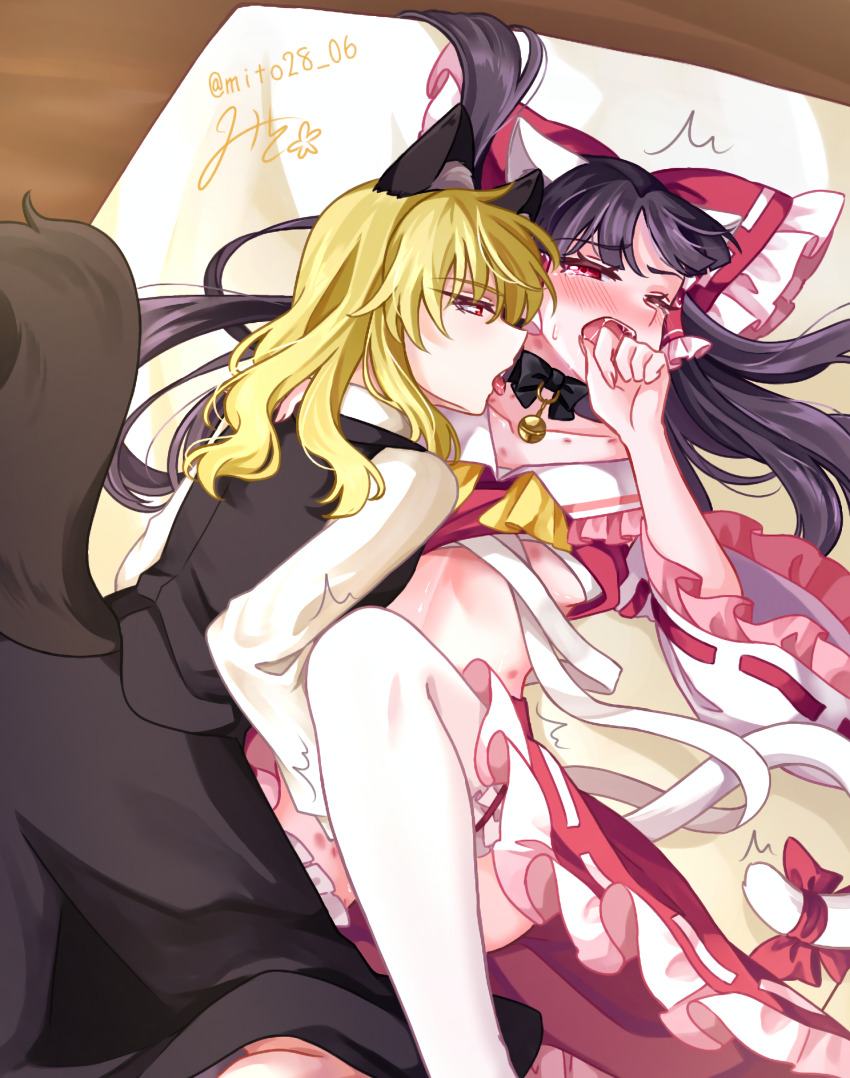 2girls animal_ears bell black_bow black_skirt black_vest blonde_hair blush bow bow_choker breasts brown_hair cat_day cat_ears cat_tail chest_sarashi choker collarbone commentary_request detached_sleeves frilled_bow frilled_hair_tubes frills hair_bow hair_tubes hakurei_reimu hickey highres implied_fingering jingle_bell kemonomimi_mode kirisame_marisa long_hair lying mito_(fate) multiple_girls neck_bell no_headwear on_back one_eye_closed open_mouth red_bow red_eyes red_skirt ribbon-trimmed_skirt ribbon-trimmed_sleeves ribbon-trimmed_thighhighs ribbon_trim saliva sarashi signature skirt skirt_set tail tail_bow tail_ornament tears thighhighs tongue tongue_out touhou twitter_username undone_sarashi vest white_thighhighs yuri