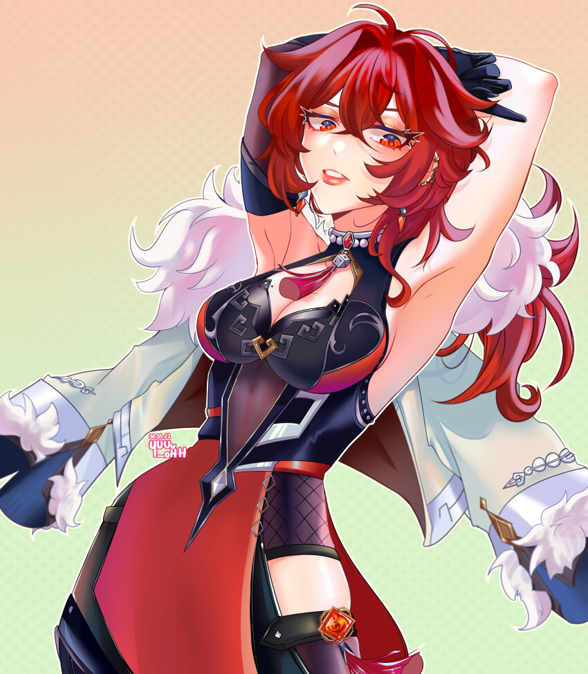 1girl absurdres armpits arms_behind_head arms_up bare_shoulders black_gloves breasts cleavage cleavage_cutout clothing_cutout cosplay cowboy_shot diluc_(genshin_impact) dress fur_trim genderswap genderswap_(mtf) genshin_impact gloves gradient_background green_background hair_between_eyes hair_intakes highres looking_at_viewer medium_breasts pink_background red_eyes red_hair red_lips sleeveless sleeveless_dress solo standing yelan_(genshin_impact) yelan_(genshin_impact)_(cosplay) yuu_(yuuu_ohh)