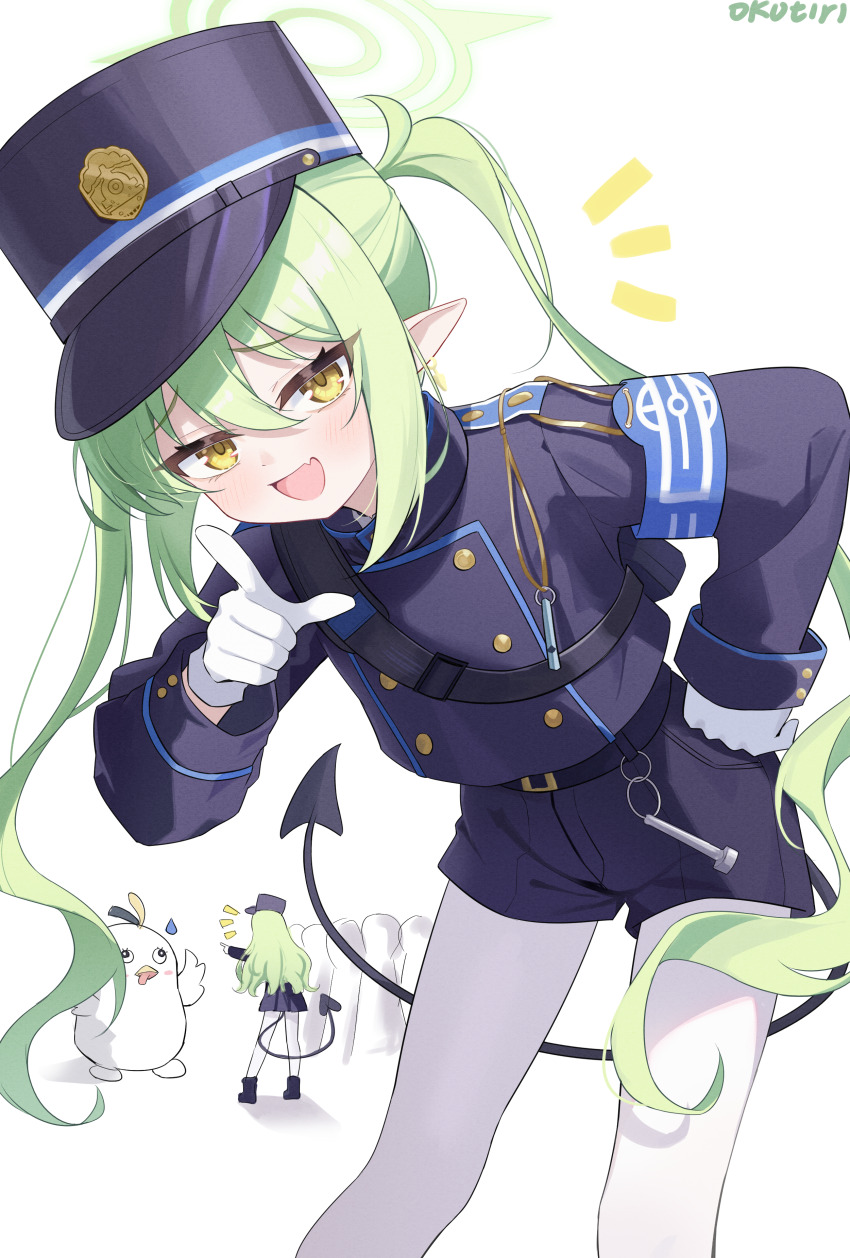 2girls absurdres armband artist_name black_jacket black_shorts blue_archive blue_armband commentary demon_tail exusiai_dust gloves green_hair green_halo hair_between_eyes halo highres hikari_(blue_archive) jacket long_hair long_sleeves looking_at_viewer multiple_girls notice_lines nozomi_(blue_archive) pantyhose peroro_(blue_archive) pointing pointing_at_viewer revision shorts siblings simple_background sisters standing tail twins twintails very_long_hair white_background white_gloves white_pantyhose yellow_eyes