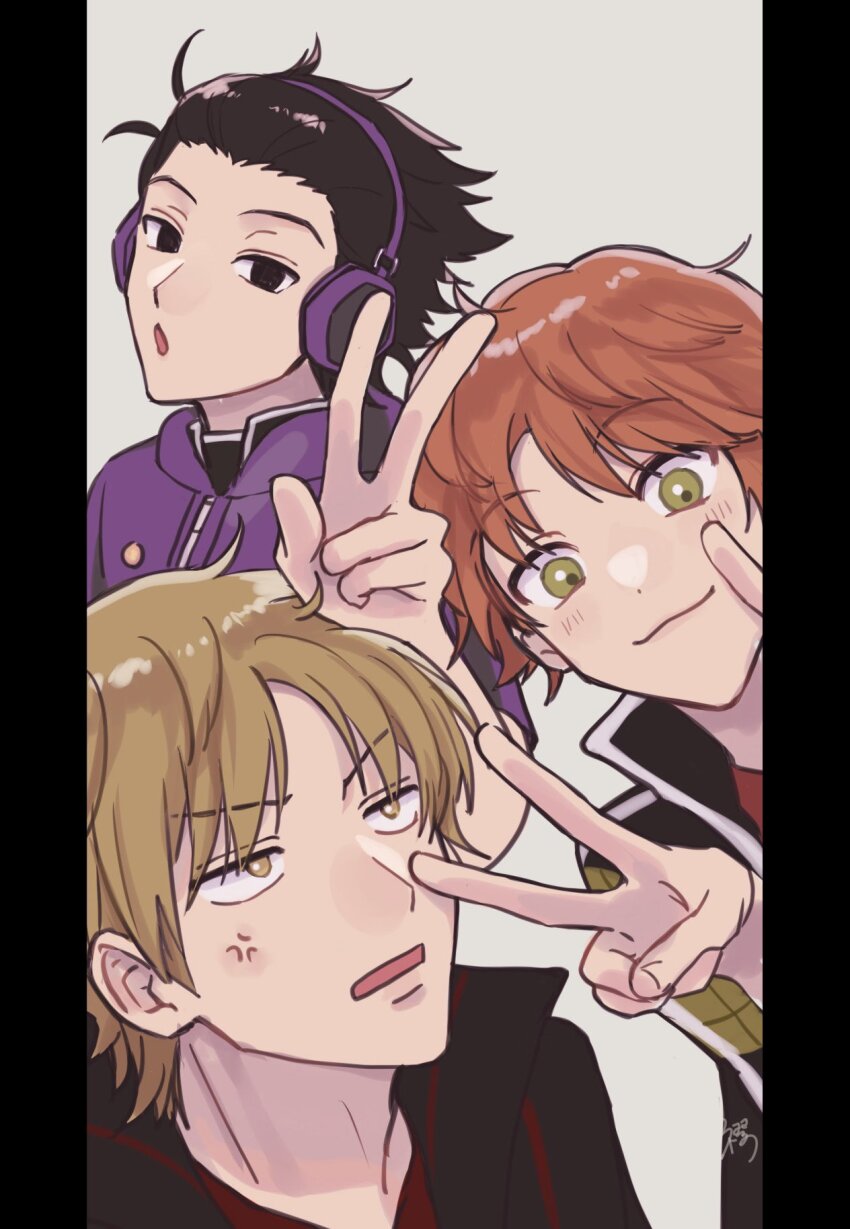 3boys anger_vein black_eyes black_hair black_jacket brown_eyes brown_hair closed_mouth double_v erinan hand_up hands_up headphones highres izumi_kouhei jacket looking_at_viewer male_focus midorikawa_shun multiple_boys open_mouth pillarboxed purple_jacket short_sleeves smile upper_body v v-shaped_eyebrows world_trigger yoneya_yousuke