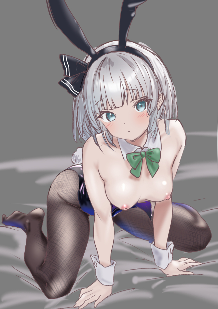 1girl animal_ear_headband animal_ears black_bow blue_eyes blue_leotard blunt_bangs bow breasts breasts_out collar commentary_request fake_animal_ears fake_tail green_bow grey_background grey_hair hands_on_bed highres kneeling konpaku_youmu leotard light_blush looking_at_viewer medium_breasts nipples on_bed playboy_bunny rabbit_ears rabbit_tail short_hair simple_background soara_shimomo solo spread_legs strapless strapless_leotard tail touhou white_collar white_wrist_cuffs wrist_cuffs