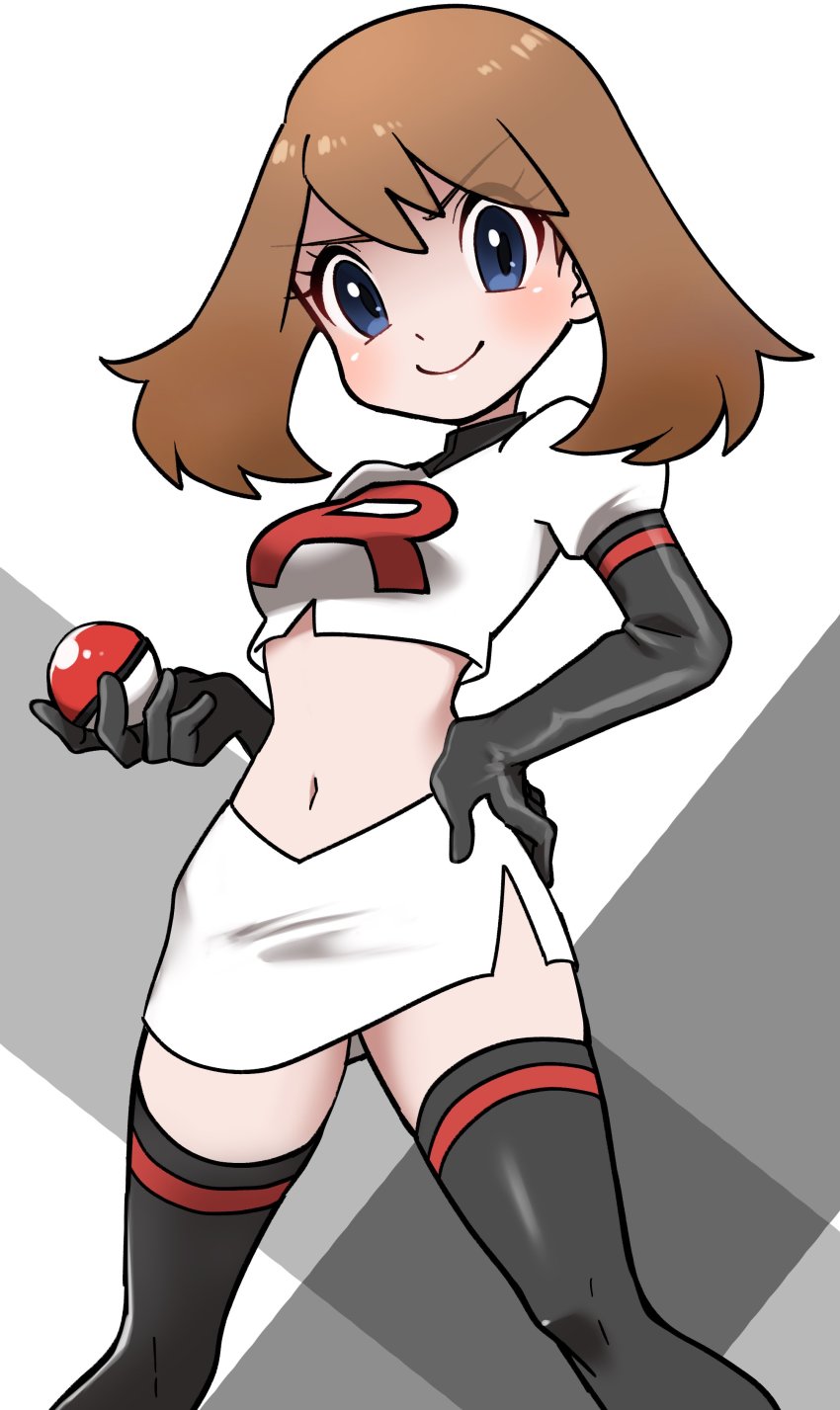 1girl absurdres ayakadegozans black_gloves blue_eyes brown_hair cosplay elbow_gloves gloves hand_on_own_hip highres holding holding_poke_ball looking_at_viewer may_(pokemon) midriff miniskirt navel nintendo poke_ball pokemon pokemon_gsc pokemon_rse skirt smile team_rocket team_rocket_grunt team_rocket_grunt_(cosplay) team_rocket_uniform thighhighs white_skirt