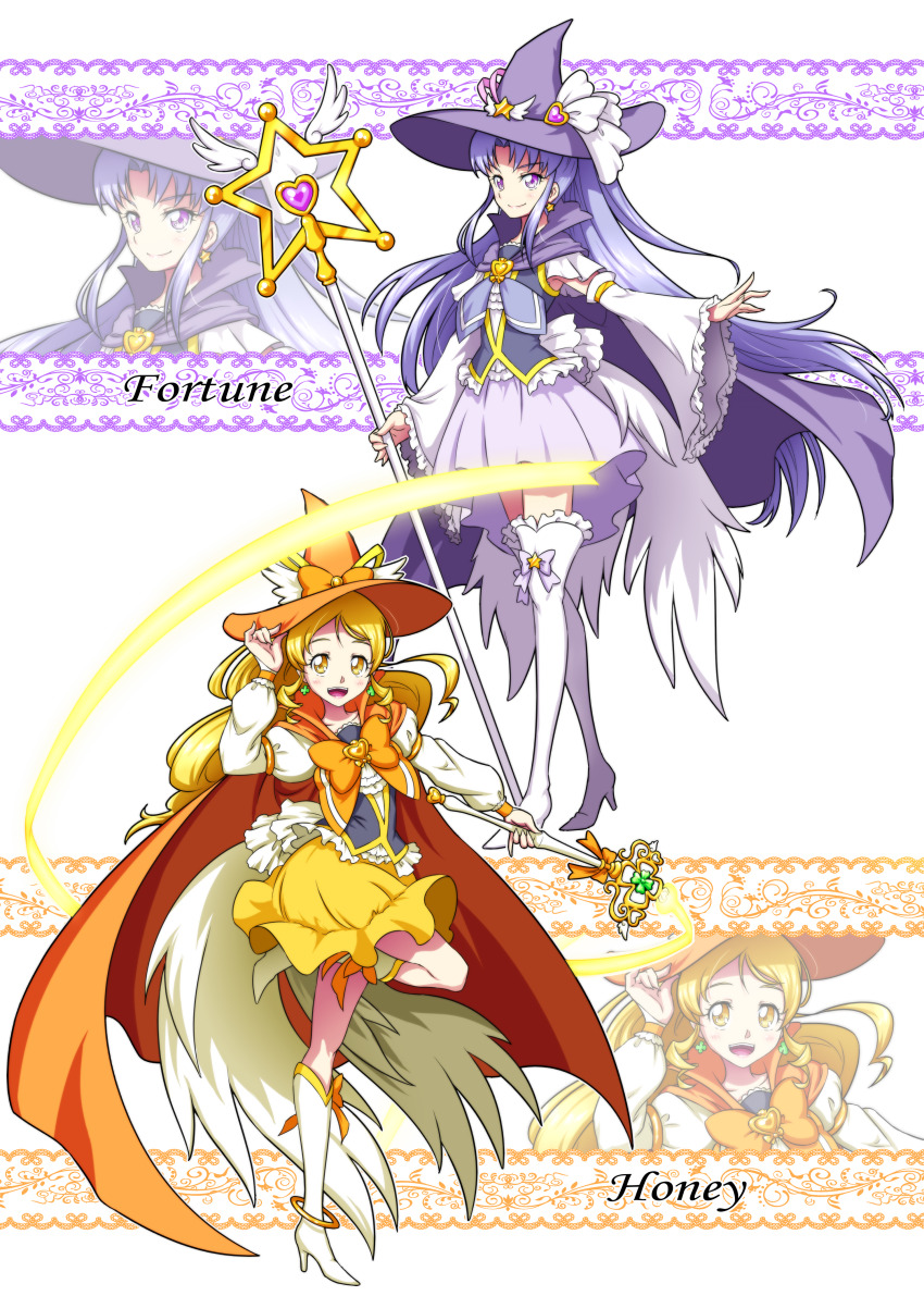 2girls :d absurdres adapted_costume alternate_costume blonde_hair boots bow cape character_name commentary_request cure_fortune cure_honey detached_sleeves earrings eyelashes hair_ornament happinesscharge_precure! happy hat high_heel_boots high_heels highres hikawa_iona jewelry knee_boots large_hat long_hair looking_at_viewer magical_girl mahou_girls_precure! matatabi_(karukan222) multiple_girls oomori_yuuko open_mouth orange_cape ponytail precure puffy_sleeves purple_cape purple_eyes purple_hair purple_skirt skirt smile staff standing thigh_boots thighhighs vest wand witch witch_hat yellow_eyes yellow_skirt
