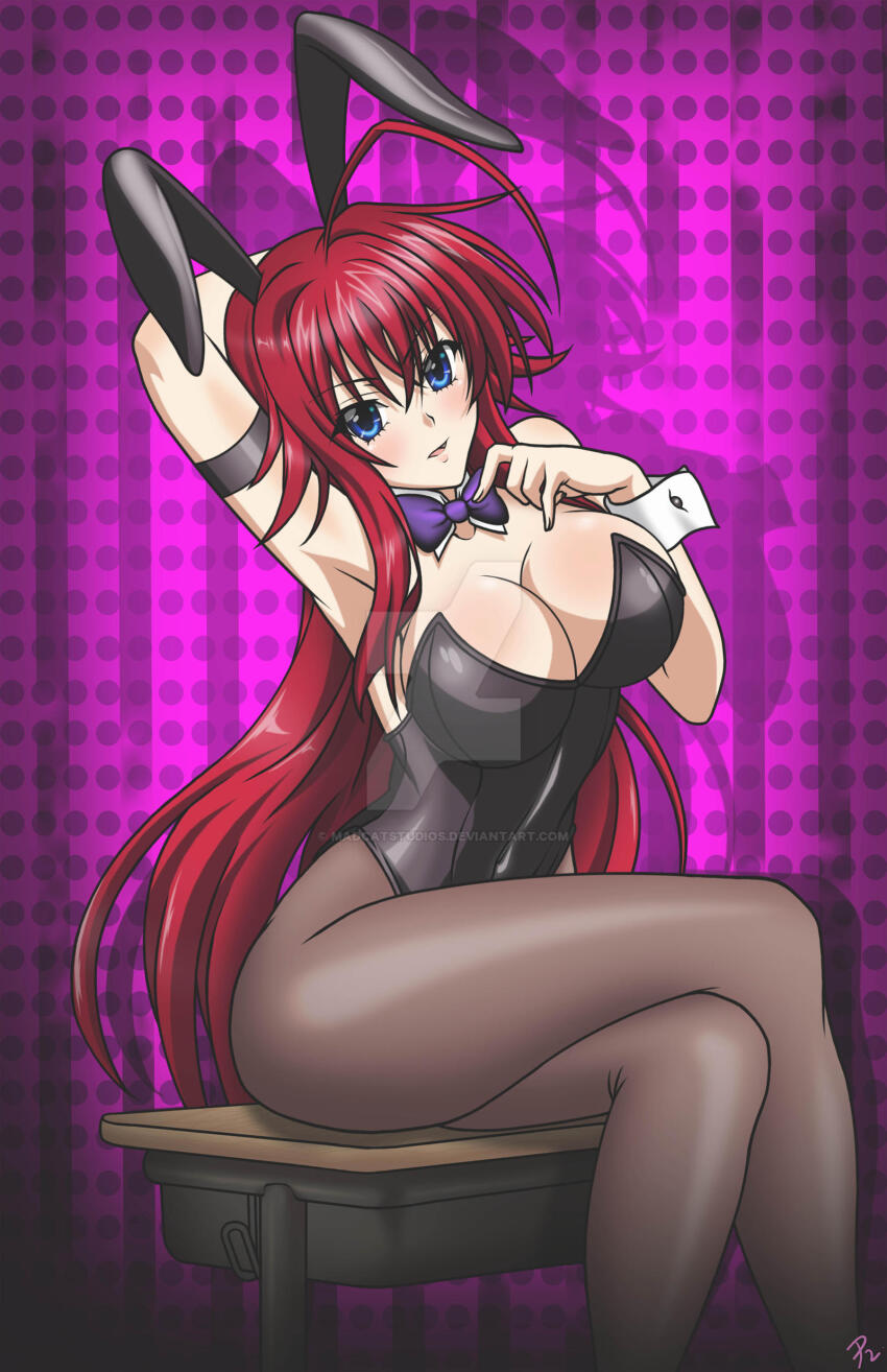 1girl absurdres ahoge animal_ears arm_behind_head arm_strap armpits black_leotard blue_eyes bow bowtie breasts brown_pantyhose cleavage crossed_bangs crossed_legs desk detached_collar deviantart_username fake_animal_ears female_focus hair_between_eyes high_school_dxd highleg highleg_leotard highres large_breasts leotard long_hair looking_at_viewer madcatstudios pantyhose parted_lips playboy_bunny purple_bow purple_bowtie rabbit_ears red_hair rias_gremory shadow signature sitting solo strapless strapless_leotard watermark web_address wrist_cuffs