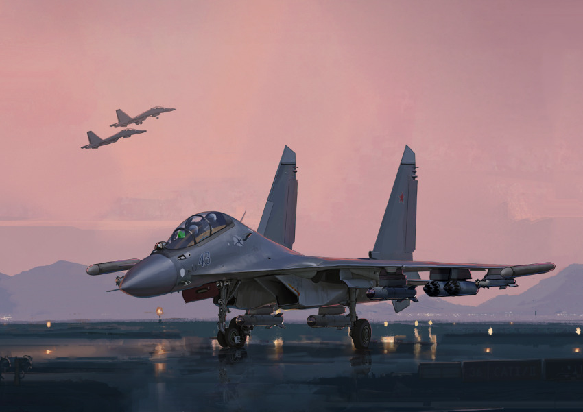 absurdres aircraft airplane fighter_jet highres kh-29 landing landing_gear military_vehicle mountainous_horizon original r-73_vympel red_star rocket_pod runway runway_lights star_(symbol) su-30 takeoff vehicle_focus yukikaze_supersylph