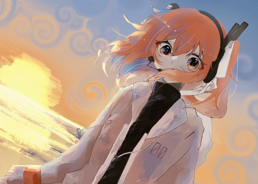 1girl a.i._voice adachi_rei beach black_shirt blue_sky covered_mouth crossed_bangs dot_nose dutch_angle floating_hair hair_over_mouth hair_ribbon hair_strand headset highres horizon jacket looking_at_viewer medium_hair microphone multicolored_sky nero_(ooonerooo) ocean open_clothes open_jacket orange_eyes orange_hair orange_sky outdoors radio_antenna reflection reflective_water ribbon shirt side_ponytail sideways_glance sky solo swirl turtleneck twilight upper_body utau white_jacket white_ribbon wide-eyed