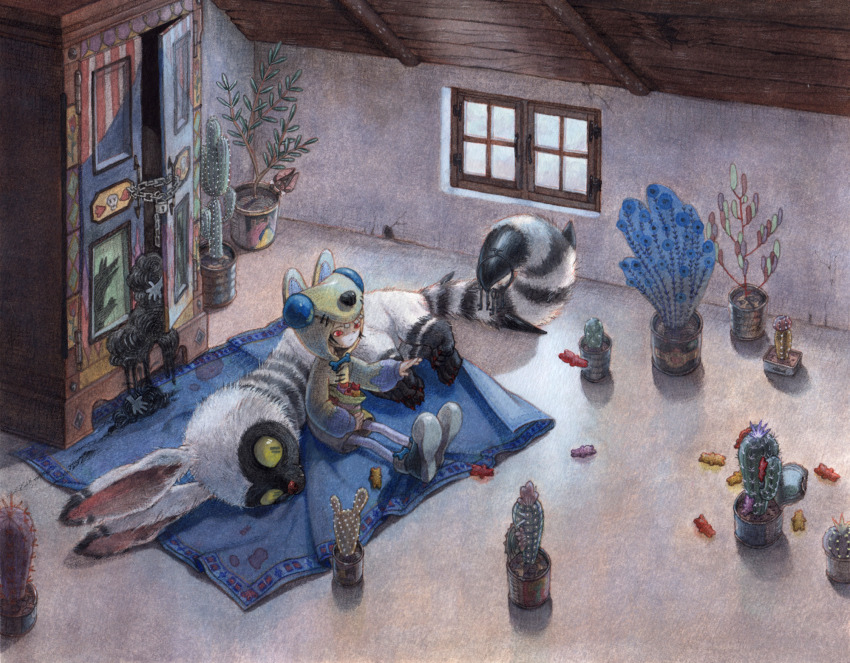 animal attic black_hair blue_theme cactus candy cat chain child food grey_theme gummy_bear highres hood indoors key keyring kou.k lemur lying monster muted_color original plant potted_plant red_eyes roomscape rug shoes sitting wardrobe window