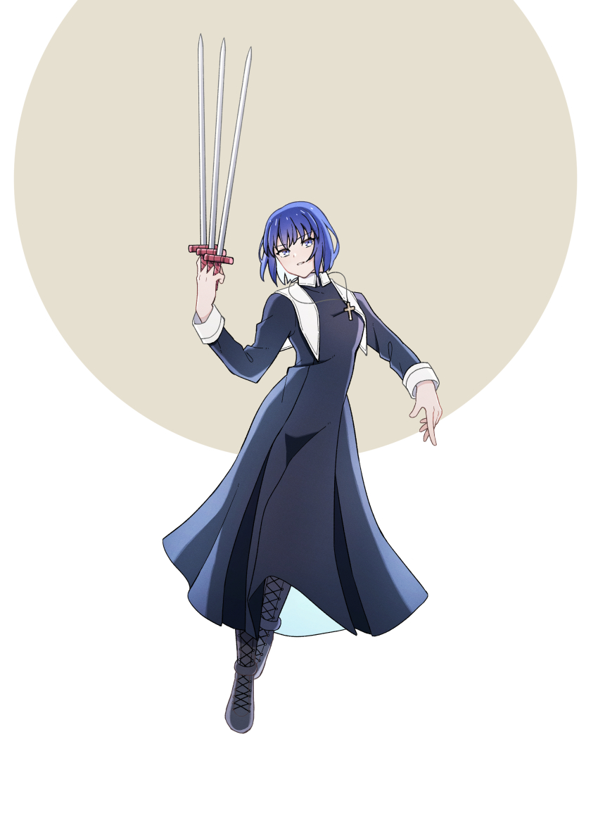1girl absurdres black_keys_(type-moon) blue_eyes blue_hair boots ciel_(tsukihime) cross cross_necklace floating floating_hair floating_object full_body hashikko69 highres holding holding_weapon jewelry looking_at_viewer moon necklace nun short_hair simple_background sleeve_cuffs solo tsukihime tsukihime_(remake) tunic weapon white_sleeve_cuffs wing_collar