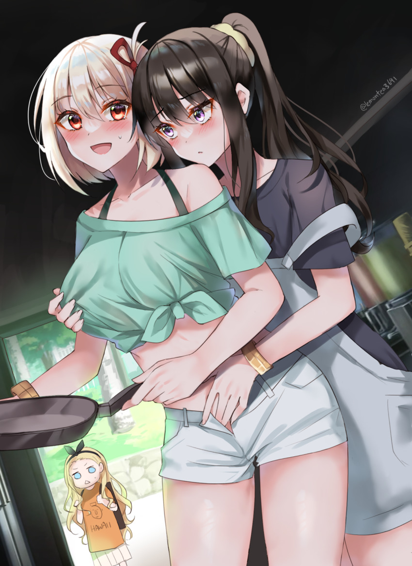 3girls :d behind_another black_hair black_shirt blonde_hair blue_eyes blush bow bracelet breasts chestnut_mouth closed_mouth crop_top doorway from_behind frying_pan grabbing_another&#039;s_breast grabbing_from_behind green_shirt groping hair_bow hair_ribbon highres holding imminent_fingering indoors inoue_takina jewelry kitchen kurumi_(lycoris_recoil) large_breasts lemon_t long_hair looking_at_another lycoris_recoil multiple_girls nishikigi_chisato o_o open_fly open_mouth overalls ponytail purple_eyes red_eyes ribbon scrunchie shirt short_hair shorts sign smile strap_slip tied_shirt walk-in white_shorts yuri