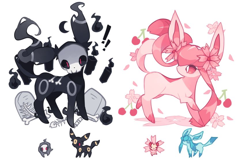 ! !! bone charamells cherrim cherrim_(sunshine) cherry commentary duskull flower food fruit gen_2_pokemon gen_3_pokemon gen_4_pokemon glaceon highres looking_at_viewer looking_back mask nintendo petals pink_flower pokemon pokemon_(creature) red_eyes standing toes tombstone umbreon white_background