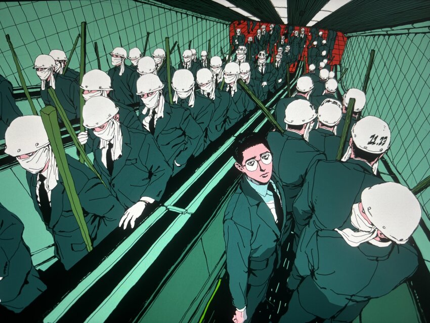 6+boys absurdres bandana bandana_over_mouth black_eyes black_hair black_necktie closed_mouth collared_shirt commentary_request covered_mouth crowd dated escalator formal_clothes gakusei_undou glasses gloves green_suit green_theme half-closed_eyes hand_in_pocket hard_hat helmet highres holding holding_weapon indoors long_sleeves looking_at_viewer looking_to_the_side looking_up matching_outfits multiple_boys myojo_0120 necktie original shirt short_hair standing subway_station suit tile_wall tiles very_short_hair weapon white_gloves white_shirt wooden_beam