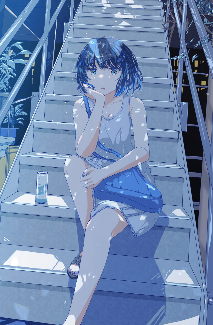 1girl absurdres bag bare_shoulders black_hair black_sandals blue_bag blue_eyes blue_nails breasts can cleavage commentary_request drink_can elbow_on_knee elbow_rest foot_out_of_frame fushimi_asuha hand_on_own_cheek hand_on_own_face head_rest highres knee_up large_breasts looking_at_viewer nail_polish night open_mouth original outdoors plant railing sandals scenery short_hair shoulder_bag sitting sitting_on_stairs skirt solo stairs tank_top white_skirt white_tank_top