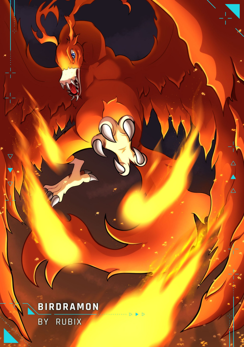 absurdres birdramon digimon digimon_(creature) fire highres sharp_teeth solo teeth wings