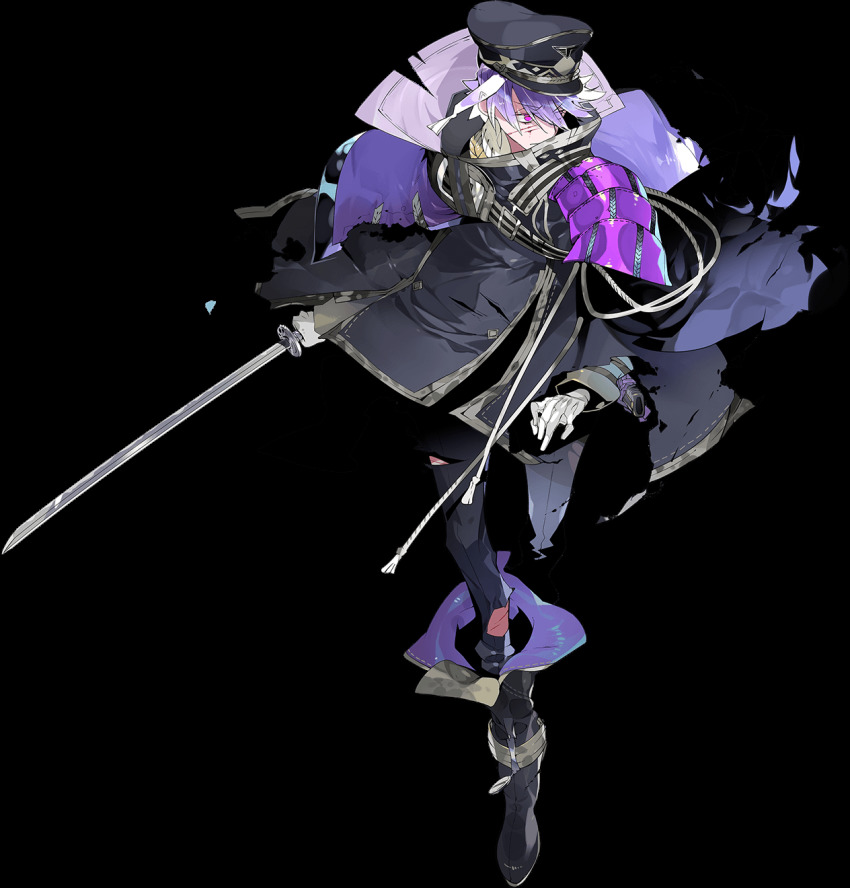 1boy armor black_pants blood boots coat eyes_visible_through_hair gloves hat highres injury japanese_armor katana kukicha male_focus military_hat minamoto_kiyomaro official_art pants purple_eyes purple_hair shoulder_armor sode sword torn_clothes torn_pants touken_ranbu transparent_background weapon white_gloves