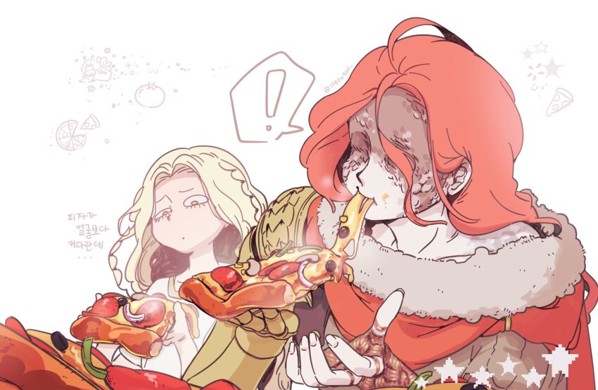 ! 1280x720 1boy 1girl blonde_hair braid brother_and_sister cape commentary_request crown_braid eating elden_ring eyelashes food fur-trimmed_cape fur_trim highres holding holding_food holding_pizza korean_commentary korean_text long_hair malenia_blade_of_miquella miquella_(elden_ring) pizza prosthesis prosthetic_arm raised_eyebrows red_cape red_hair scar siblings sparkle spoken_exclamation_mark star_(symbol) trap white_background