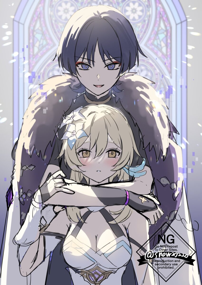 1boy 1girl arm_cutout armor armpit_crease bare_shoulders behind_another black_bodysuit black_hair black_sleeves blonde_hair blue_feathers blunt_ends bodysuit breasts clothing_cutout coat detached_sleeves dress eyelashes eyeliner eyeshadow fatui_coat feather_hair_ornament feathers flower fur-trimmed_coat fur_collar fur_trim gem genshin_impact gold hair_between_eyes hair_flower hair_ornament halterneck hand_up highres hug hug_from_behind japanese_armor jewelry kote kurokote large_breasts lumine_(genshin_impact) makeup mandarin_collar neck_ring open_clothes open_coat open_mouth purple_eyes purple_gemstone red_eyeliner red_eyeshadow scaramouche_(genshin_impact) short_hair short_hair_with_long_locks short_sleeves sidelocks sketch snow20200 stained_glass tsurime unfinished vambraces watermark white_coat white_dress white_mouth white_sleeves wispy_bangs yellow_eyes