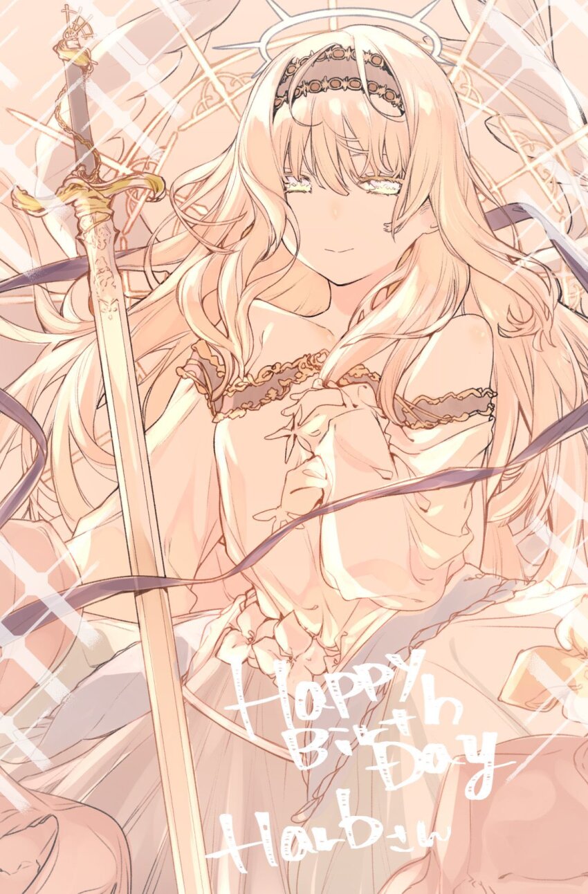 1girl alice_(alicesoft) blonde_hair colored_eyelashes dress hairband halo hand_on_own_chest happy_birthday highres long_hair looking_at_viewer off_shoulder rance_(series) ribbon shikosour solo sparkle sword weapon yellow_theme