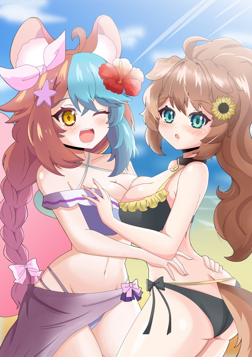 2girls :o alternate_costume animal_ears ass beach bikini black_bikini blue_hair blue_sky blush bow braid breast_press breasts brown_hair chinchilla_ears chinchilla_girl chinchilla_tail cleavage collarbone cowboy_shot day dog_ears dog_girl dog_tail dot_nose embarrassed female_focus flower flower_on_head freckles freckles_on_breasts frilled_bikini frills from_behind from_side grabbing_another&#039;s_breast gradient_hair green_eyes groping hair_bow hug indie_virtual_youtuber keirame_(vtuber) kimura_tao large_breasts lilybell_(vtuber) long_hair looking_at_viewer looking_to_the_side low-braided_long_hair low-tied_long_hair multicolored_bikini multicolored_hair multiple_girls navel ocean one_eye_closed open_mouth outdoors pink_bow pink_hair ponytail purple_bikini purple_skirt sand shoulder_freckles side-tie_bikini_bottom skirt sky standing swimsuit tail teeth thighs two-tone_bikini upper_teeth_only virtual_youtuber water yellow_bikini yellow_eyes yuri