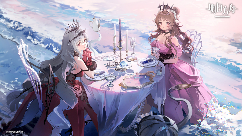 2girls :o alternate_costume alternate_hairstyle anmi arknights black_wrist_cuffs breasts brown_hair candle candlestand chair champagne_flute cleavage commentary_request copyright_name copyright_notice cup dress drill drinking_glass elbow_rest eyjafjalla_(arknights) food gloves grey_hair hair_up highres holding holding_cup interlocked_fingers jellyfish long_hair looking_at_viewer macaron medium_breasts multiple_girls napkin off-shoulder_dress off_shoulder official_alternate_costume official_art outdoors pink_dress pink_eyes plate red_dress red_eyes red_gloves sitting skadi_(arknights) skadi_the_corrupting_heart_(arknights) skadi_the_corrupting_heart_(red_countess)_(arknights) tablecloth teapot tentacles tiara tray very_long_hair waves wrist_cuffs
