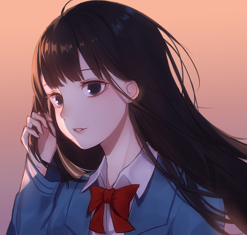 1girl adjusting_hair black_eyes black_hair blazer blue_jacket bow collared_shirt dress_shirt female_focus gradient_background highres jacket kimi_ni_todoke kuronuma_sawako long_hair long_sleeves looking_at_viewer parted_lips red_bow school_uniform shirt solo upper_body white_shirt wind yoji_(pl05030786)
